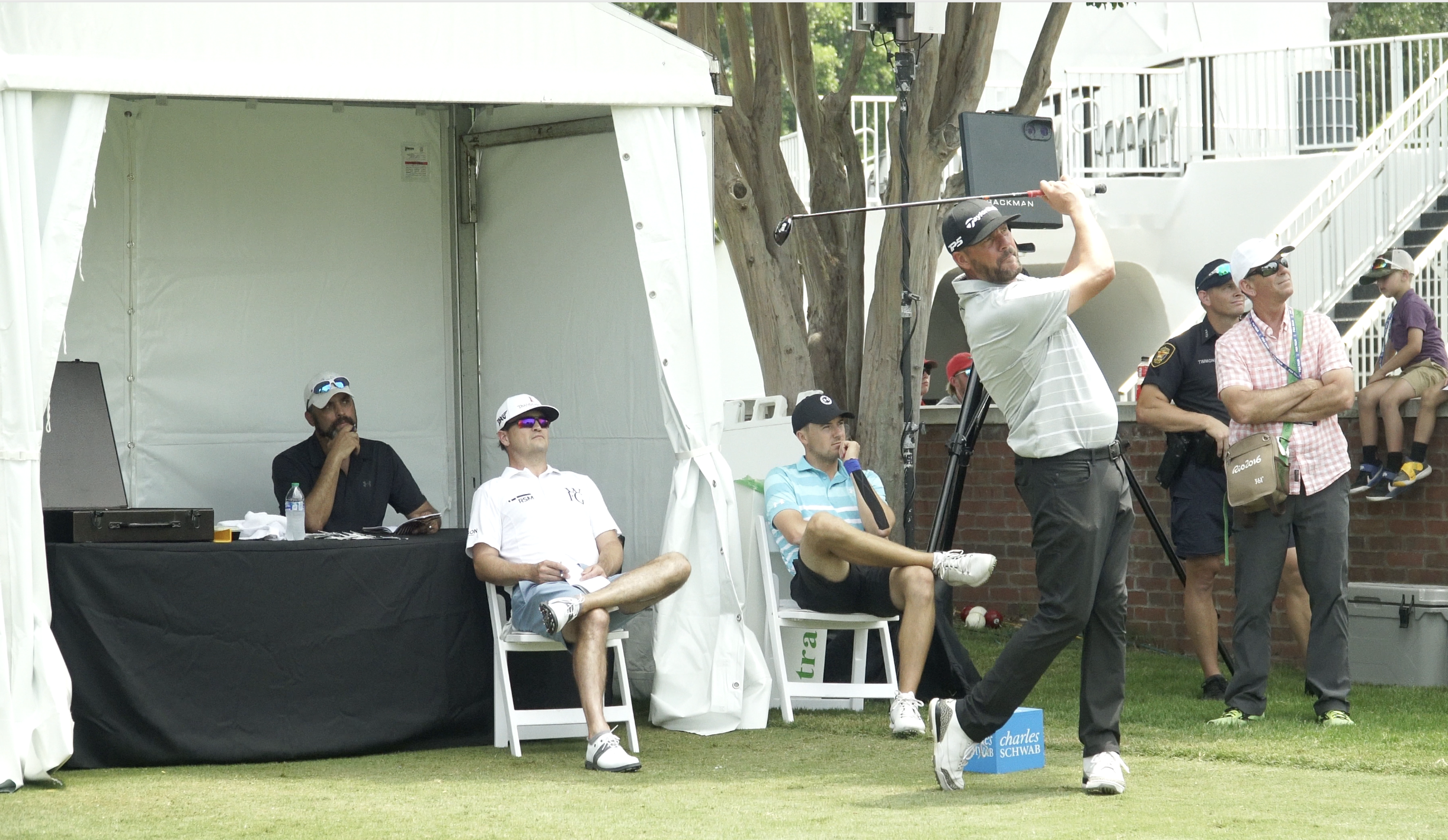 Block tees of with Zach Johnson and Jordan Spieth watching. (Donnelly Wolf/PGA of America)