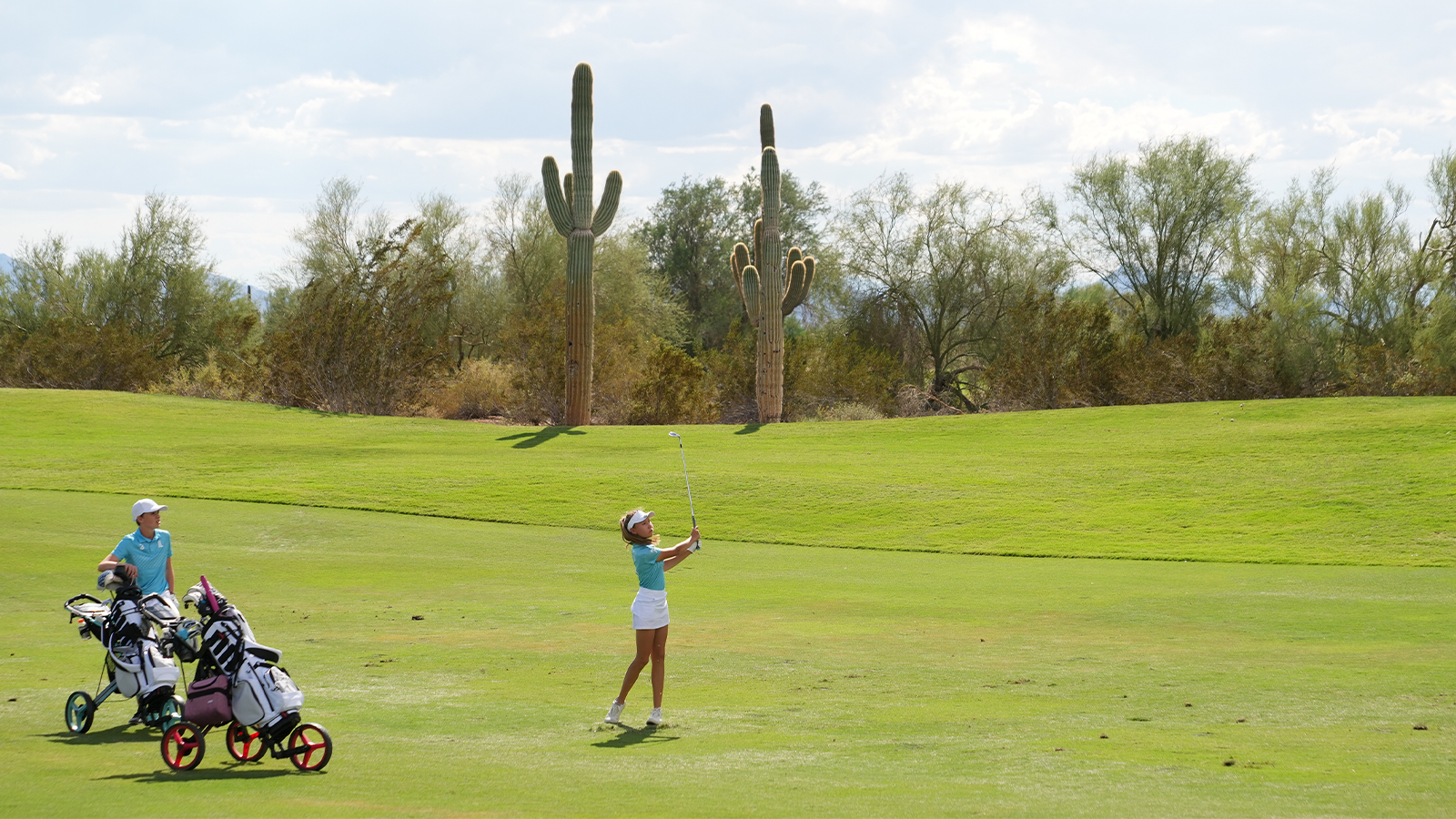 Victoria Cui of Team Illinois hits her shot during the second round of the 2022 National Car Rental PGA Jr. League Championship at Grayhawk Golf Club on October 8, 2022 in Scottsdale, Arizona. (Photo by Darren Carroll/PGA of America)