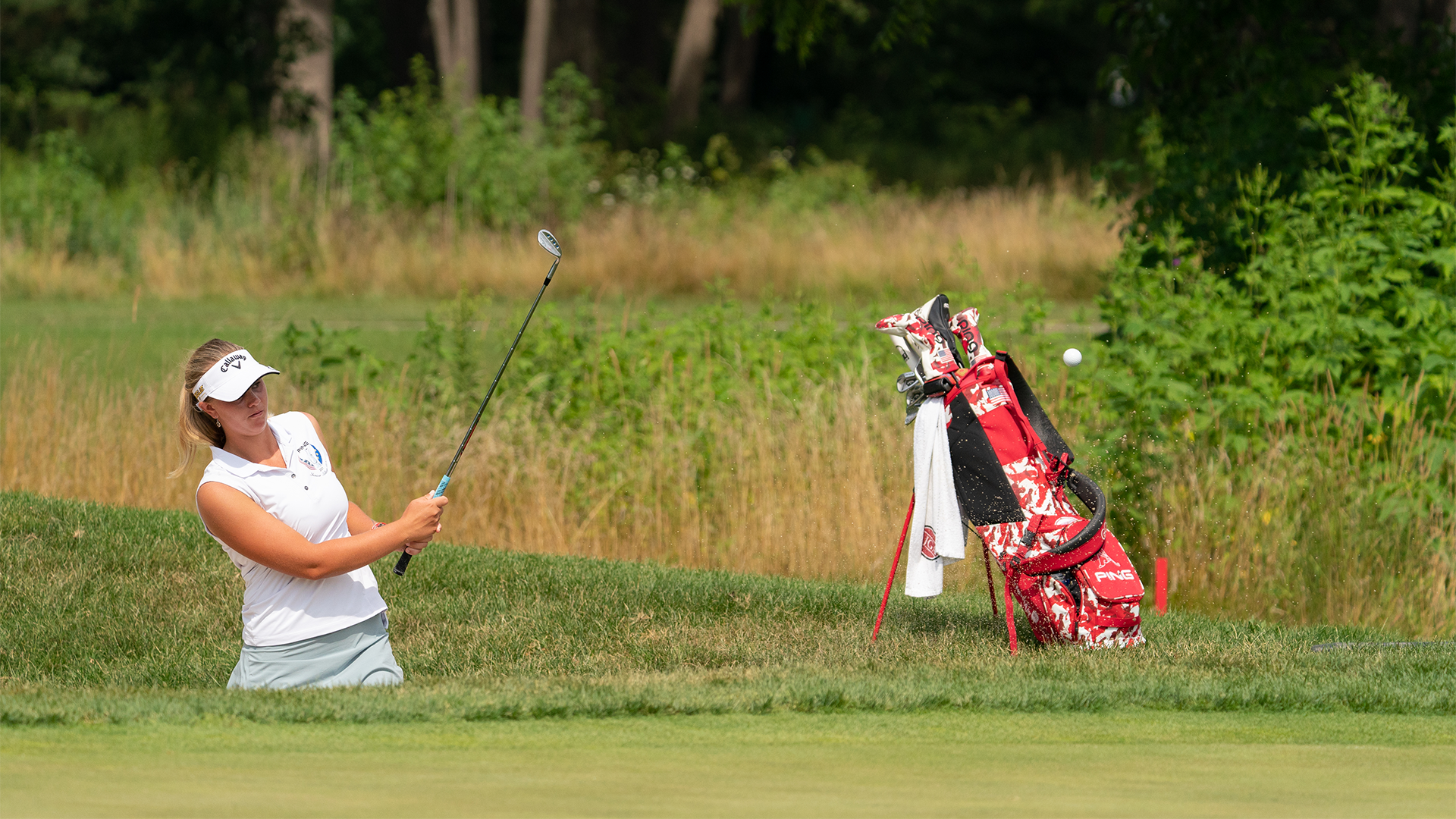 Kaitlyn Schroeder hits her shot from a bunker on the eighth hole during the second round for the 46th Boys and Girls Junior PGA Championship held at Cog Hill Golf & Country Club on August 3, 2022 in Lemont, Illinois. (Photo by Hailey Garrett/PGA of America)