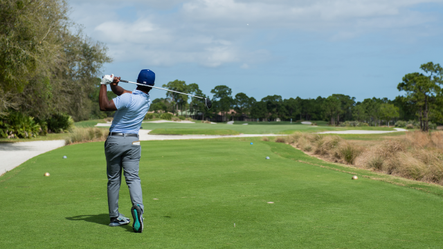 Aaron Grimes hits his tee shot on the second hole during the final round of the APGA Tour held at the PGA Golf Club on February 21, 2021 in Port St. Lucie, Florida. (Photo by Hailey Garrett/PGA of America)