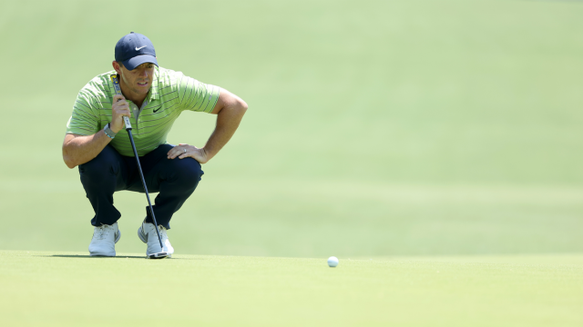 Rory McIlroy of Northern Ireland lines up a putt on the sixth green during the first round of the 2022 PGA Championship at Southern Hills Country Club on May 19, 2022 in Tulsa, Oklahoma. (Photo by Christian Petersen/Getty Images)