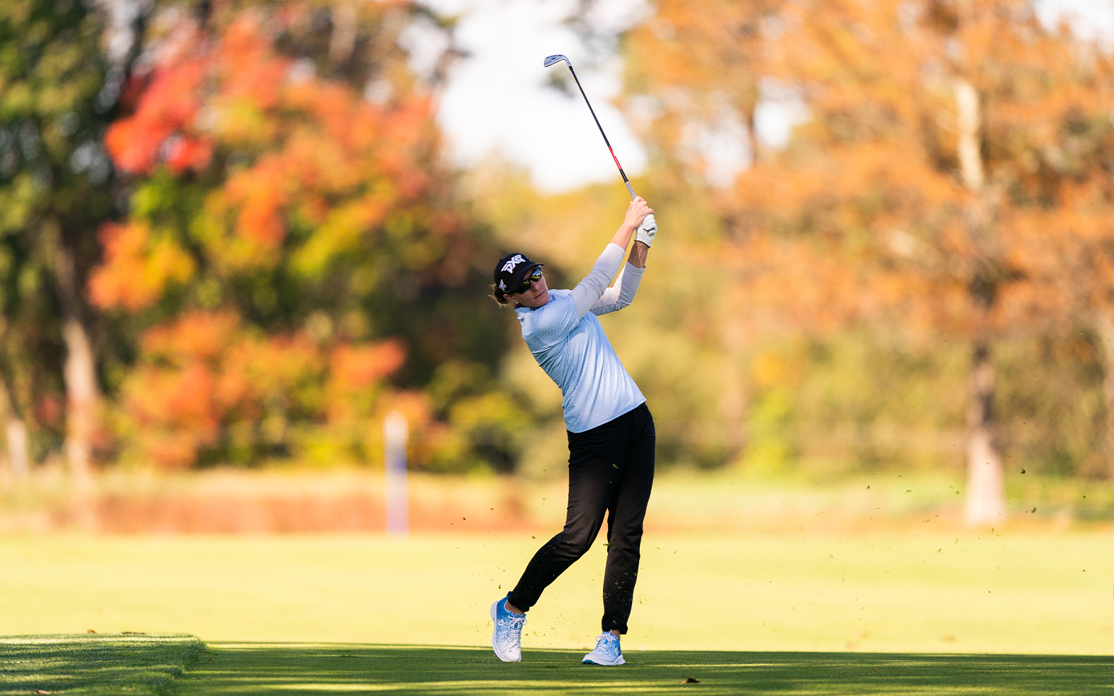 Brittany Lang hits her second shot on the third hole during the first round of the 2020 KPMG Women's PGA Championship at Aronimink Golf Club on October 8, 2020 in Newtown Square, Pennsylvania. (Photo by Darren Carroll/PGA of America)