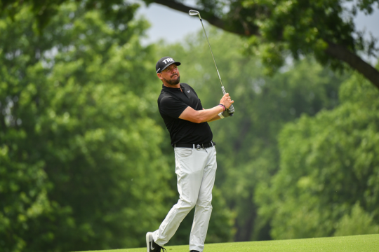 Michael Block of the Team of 20 hits his shot on the seventh hole during the second round of the 2022 PGA Championship.