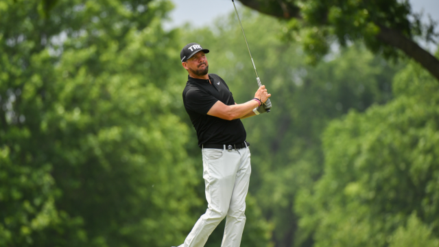 Michael Block of the Team of 20 hits his shot on the seventh hole during the second round of the 2022 PGA Championship.