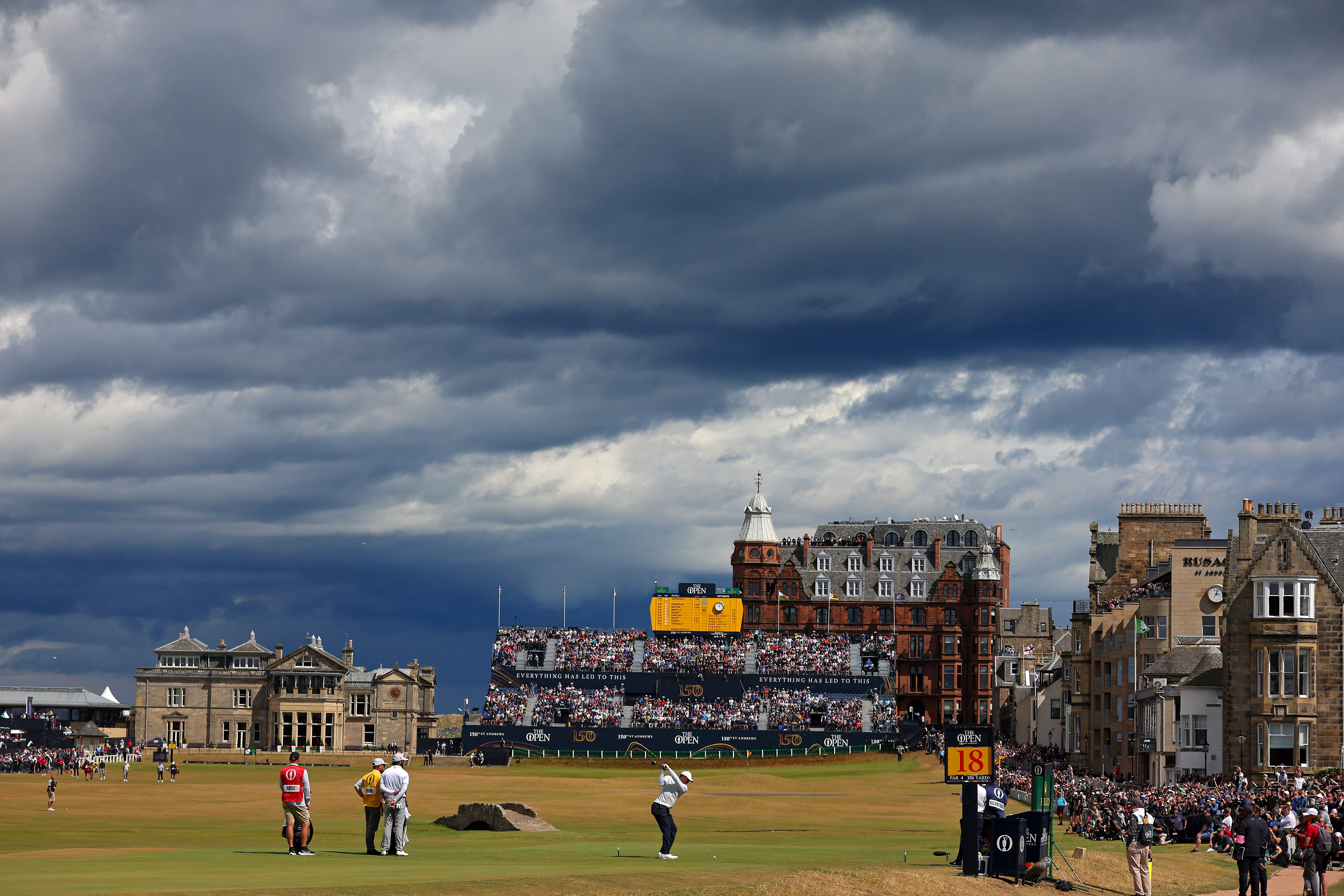 Tiger Woods tees off on the 18th hole during Day Two of The 150th Open at St Andrews Old Course on July 15, 2022 in St Andrews, Scotland. 