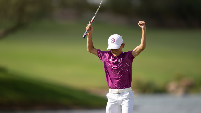 Cove Cummings of Team Utah reacts to an awesome putt during the second round of the 2022 National Car Rental PGA Jr. League Championship at Grayhawk Golf Club on October 8, 2022 in Scottsdale, Arizona. (Photo by Darren Carroll/PGA of America)