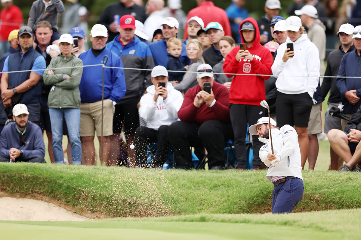 Cameron Young plays a shot from a bunker on the 16th hole during the third round of the 2022 PGA Championship at Southern Hills Country Club on May 21, 2022 in Tulsa, Oklahoma. (Photo by Christian Petersen/Getty Images)