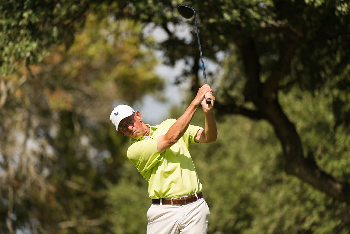 David Young hits his tee shot on the tenth hole on the Coore Crenshaw Cliffside Course during the first round for the 31st Senior PGA Professional Championship.