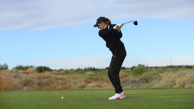 Katy Rutherford of Team Canada hits her tee shot on the first hole during the first round of the 2nd Women’s PGA Cup at Twin Warriors Golf Club on Thursday, October 27, 2022 in Santa Ana Pueblo, New Mexico. (Photo by Sam Greenwood/PGA of America)