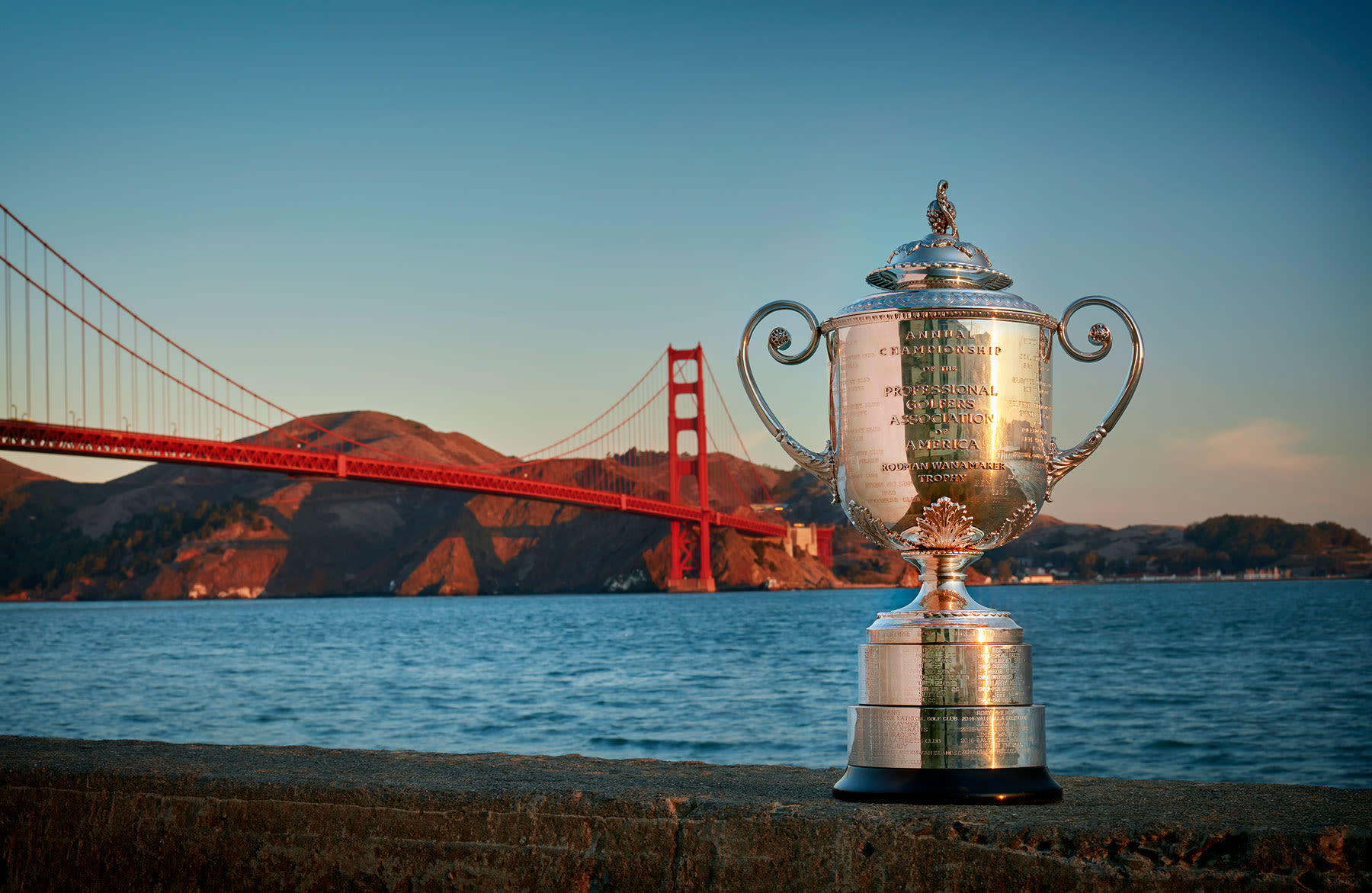 The Wanamaker Trophy in front of the famous Golden Gate Bridge.