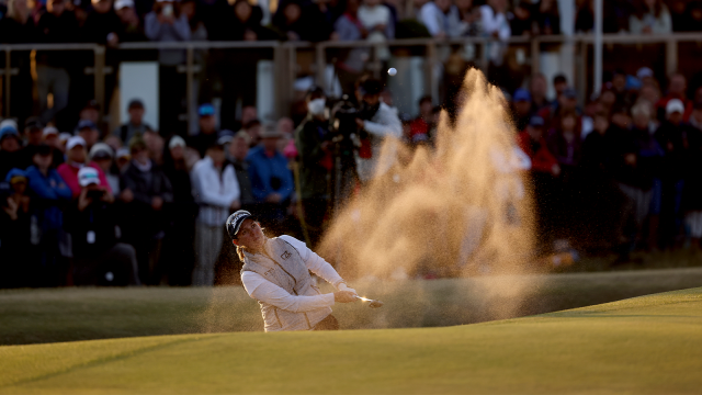 Ashleigh Buhai of South Africa plays her third shot from the bunker on the 18th hole in the Play off during Day Four of the AIG Women's Open at Muirfield on August 07, 2022 in Gullane, Scotland. (Photo by Charlie Crowhurst/Getty Images)