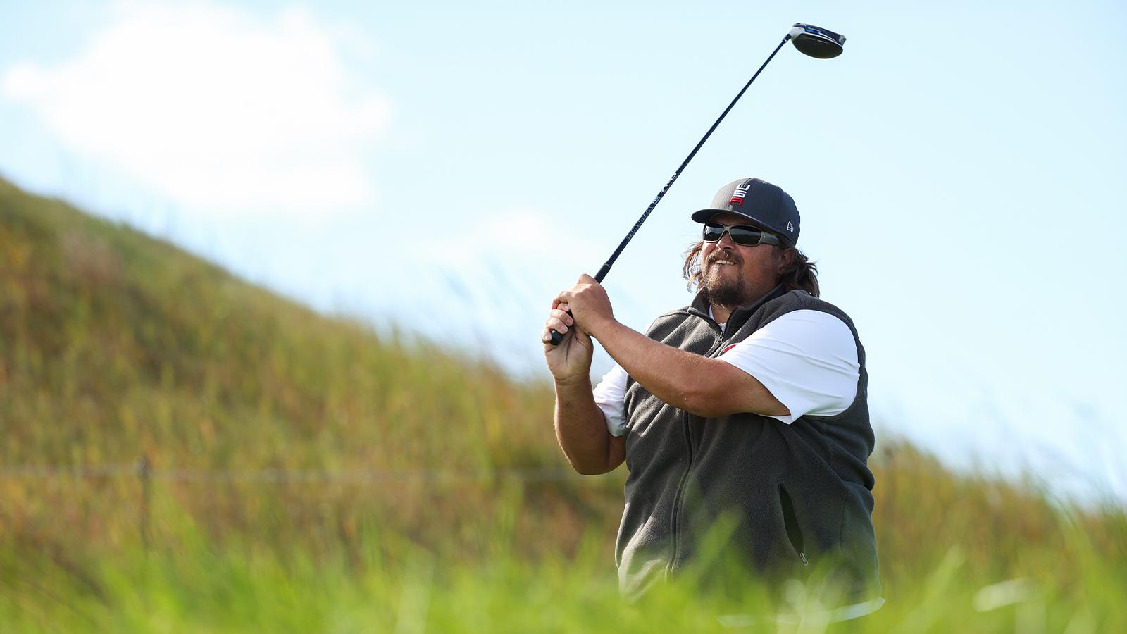 Former Green Bay Packers and Wisconsin Badgers Offensive Lineman Mark Tauscher hits his tee shot during the Junior Ryder Cup Exhibition Match for the 2020 Ryder Cup at Whistling Straits on September 22, 2021 in Kohler, Wisconsin. (Photo by Maddie Meyer/PGA of America via Getty Images)