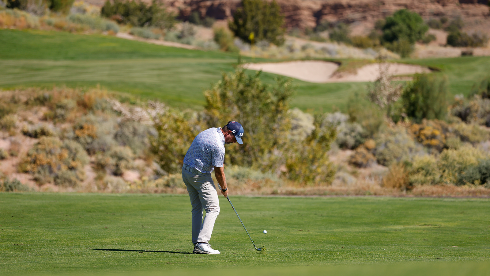 Alan Sorensen hits his shot on the 10th hole during the second round of the 34th Senior PGA Professional Championship at Twin Warriors Golf Club on October 14, 2022 in Santa Ana Pueblo, New Mexico. (Photo by Justin Edmonds/PGA of America)