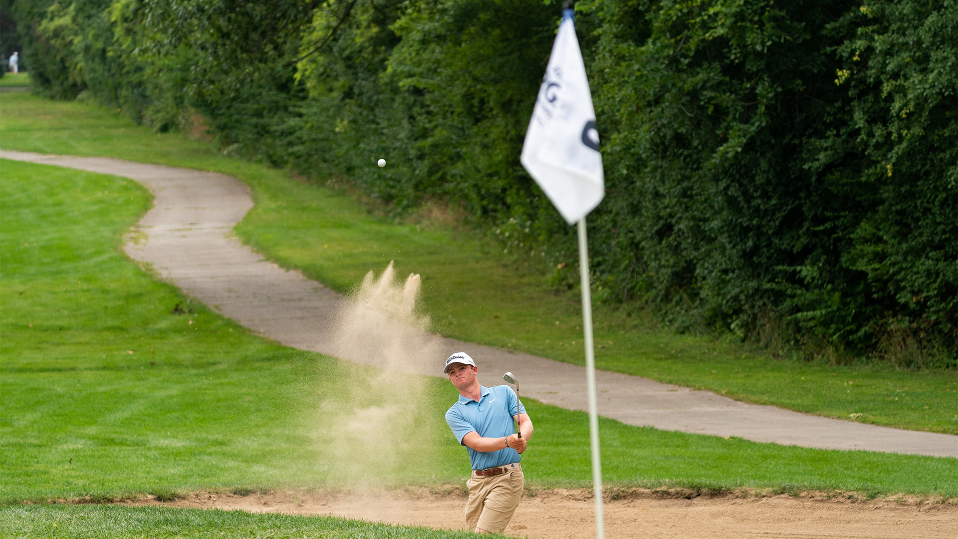 Nicholas Gross hits his shot from a bunker on the third hole during the second round for the 46th Boys and Girls Junior PGA Championship held at Cog Hill Golf & Country Club on August 3, 2022 in Lemont, Illinois. (Photo by Hailey Garrett/PGA of America)