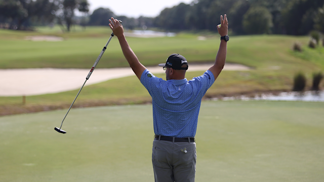 A participant reacts to his shot during the 2022 National Car Rental Assistant PGA Professional Championship at PGA Golf Club on Friday, November 18, 2022 in Port St. Lucie, Florida. (Photo by Austen Amacker/PGA of America)
