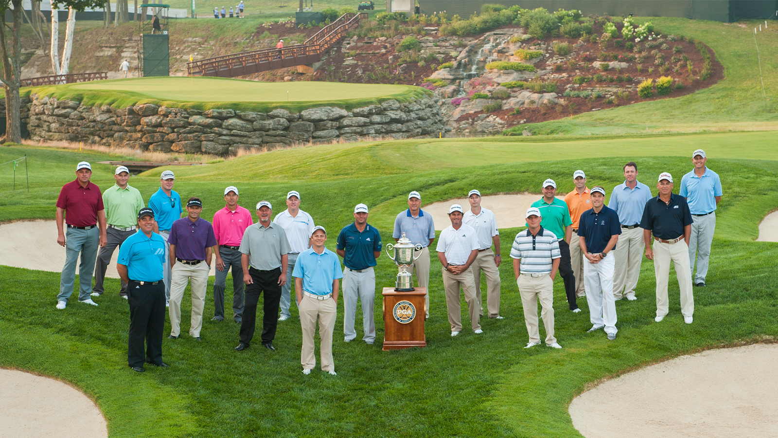 The 20 PGA Club Professionals competing in the PGA Championship pose for a photo (L-R): Rod Perry, Dustin Volk, David Hronek, Ryan Helminen, Steve Schneiter, Jerry Smith, Jim McGovern, Bob Sowards, Matt Pesta, Michael Block, David Tentis, Stuart Deane, Dave McNabb, Brian Norman, Johan Kok, Aaron Krueger, Eric Williamson, Rob Corcoran, Frank Esposito, Jamie Broce during Practice Rounds at the 96th PGA Championship, at Valhalla Golf Club, on August 5, 2014 in Louisville, KY. (Photo by Montana Pritchard/The PGA of America)