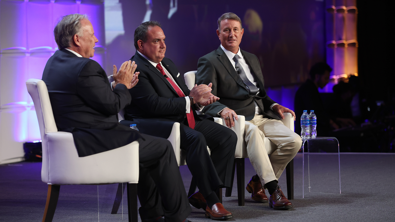  Master of Ceremonies, David Marr III talks with the winner of the Deacon Palmer Award, Bryan Demarco and winner of the Patriot Award, Joe Grohman during the PGA Special Awards night for the 106th PGA Annual Meeting at JW Marriott Phoenix Desert Ridge Resort & Spa on Tuesday, November 1, 2022 in Phoenix, Arizona. (Photo by Sam Greenwood/PGA of America)