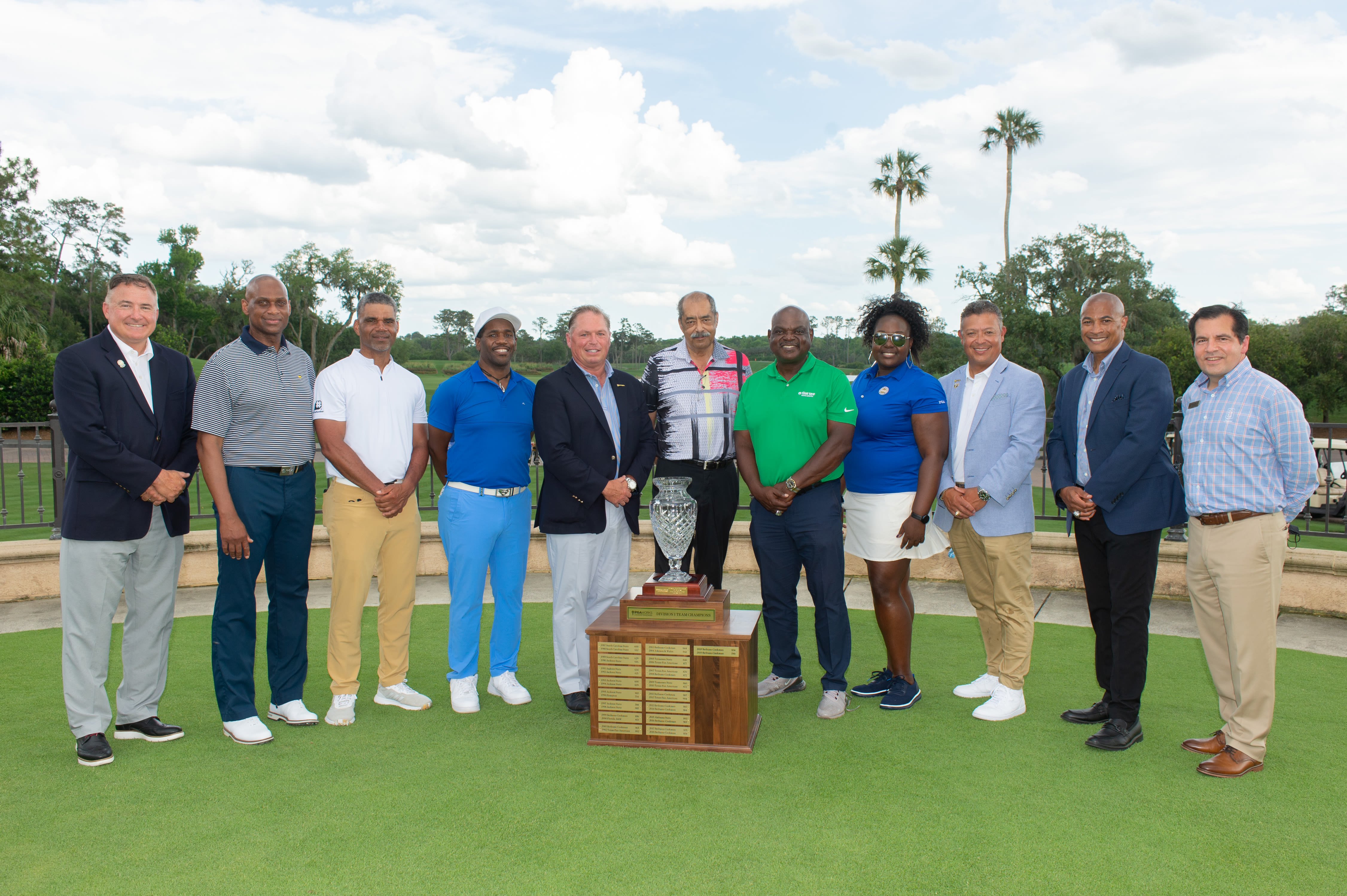 Sprague (far right) and his TPC Sawgrass staff hosted the 2021 PGA WORKS Collegiate Championship, where the final round was contested on the famous Players Stadium Course.