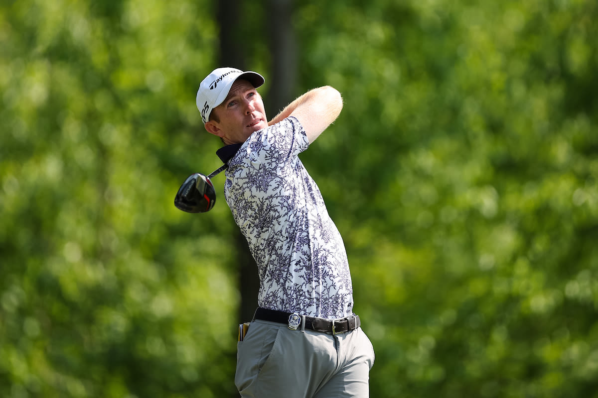 Matt Cahill of the Corebridge Financial PGA Team hits his tee shot on the fourth hole during the first round of the PGA Championship at Oak Hill Country Club on Thursday, May 18, 2023 in Rochester, New York. (Photo by Scott Taetsch/PGA of America)