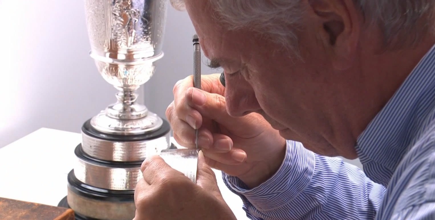 Harvey engraving the Claret Jug during the 2023 Open Championship. (NBC Sports)