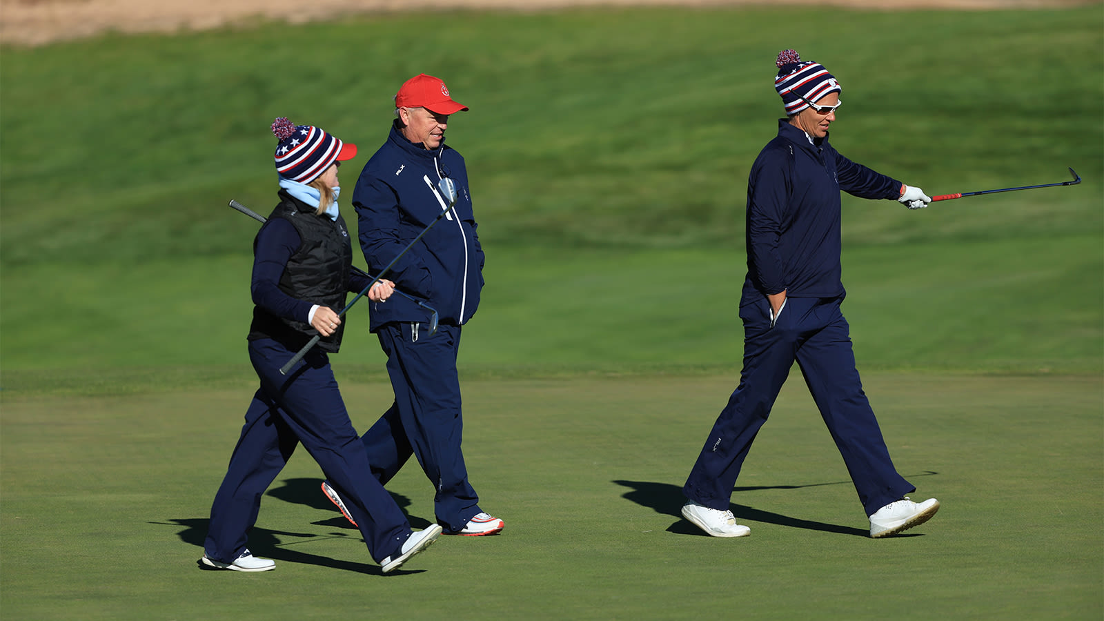 Team USA Captain and PGA America President, Jim Richerson walks with Stephanie Connelly-Eiswerth and Jennifer Borocz during a practice round for the 2nd PGA Women's Cup at Twin Warriors Golf Club on Tuesday, October 25, 2022 in Santa Ana Pueblo, New Mexico. (Photo by Sam Greenwood/PGA of America)