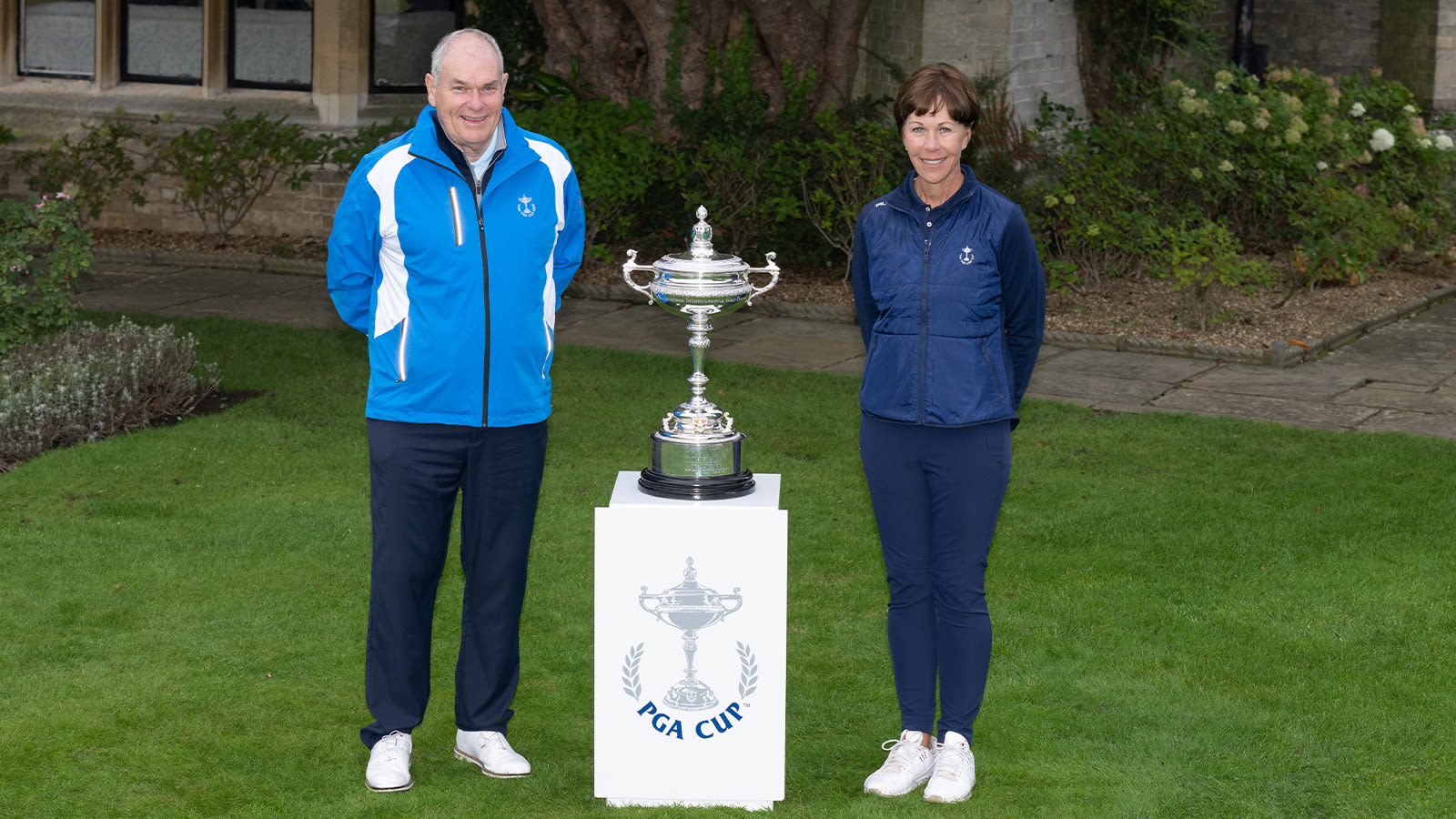 Great Britain and Ireland Captain, DJ Russell and Captain and PGA of America Honorary President, Suzy Whaley pose with the Llandudno trophy during the 30th PGA Cup at Foxhills Golf Club on September 15, 2022 in Ottershaw, England. (Photo by Matthew Harris/PGA of America)