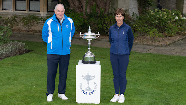 Great Britain and Ireland Captain, DJ Russell and Captain and PGA of America Honorary President, Suzy Whaley pose with the Llandudno trophy during the 30th PGA Cup at Foxhills Golf Club on September 15, 2022 in Ottershaw, England. (Photo by Matthew Harris/PGA of America)