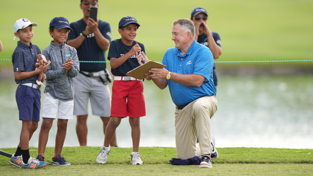 PGA of America Vice President Don Rea has fun with the crowd during the second round of the 2022 National Car Rental PGA Jr. League Championship at Grayhawk Golf Club on October 8, 2022 in Scottsdale, Arizona. (Photo by Darren Carroll/PGA of America)