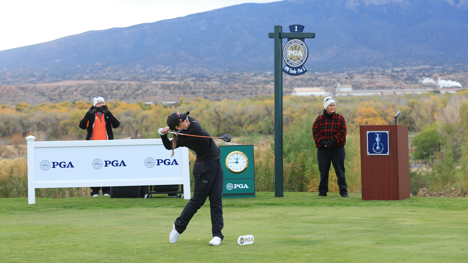 Christine Wong of Team Canada hits her tee shot on the first hole during the first round of the 2nd Women’s PGA Cup at Twin Warriors Golf Club on Thursday, October 27, 2022 in Santa Ana Pueblo, New Mexico. (Photo by Sam Greenwood/PGA of America)