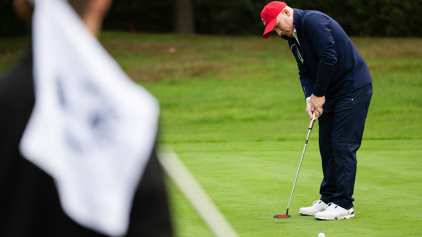  Frank Bensel Jr. of the United States makes his putt during the 30th PGA Cup at Foxhills Golf Club on September 14, 2022 in Ottershaw, England. (Photo by Matthew Harris/PGA of America)