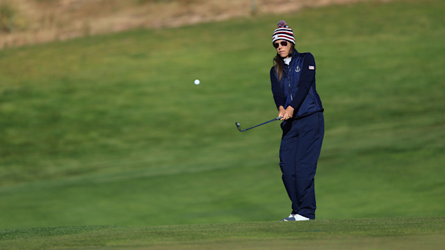 Joanna Coe of Team USA hits her shot during a practice round for the 2nd PGA Women's Cup at Twin Warriors Golf Club on Tuesday, October 25, 2022 in Santa Ana Pueblo, New Mexico. (Photo by Sam Greenwood/PGA of America)
