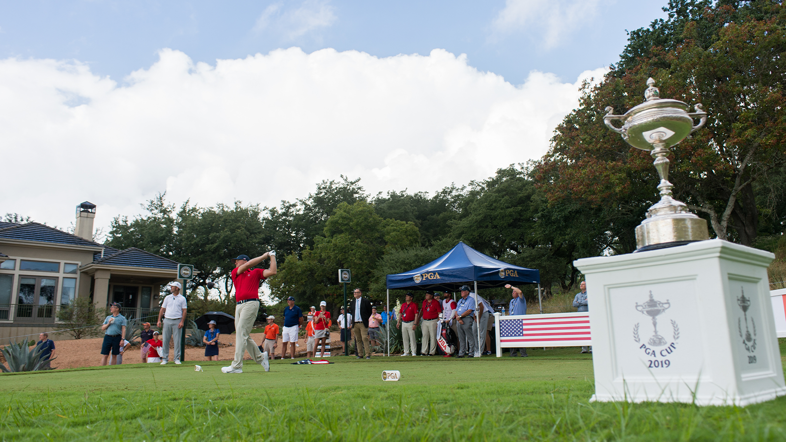 Ryan Vermeer of the United States hits his tee shot on the first hole during the Singles Matches for the 29th PGA Cup held at the Omni Barton Creek Resort & Spa on September 29, 2019 in Austin, Texas. (Photo by Montana Pritchard/PGA of America)