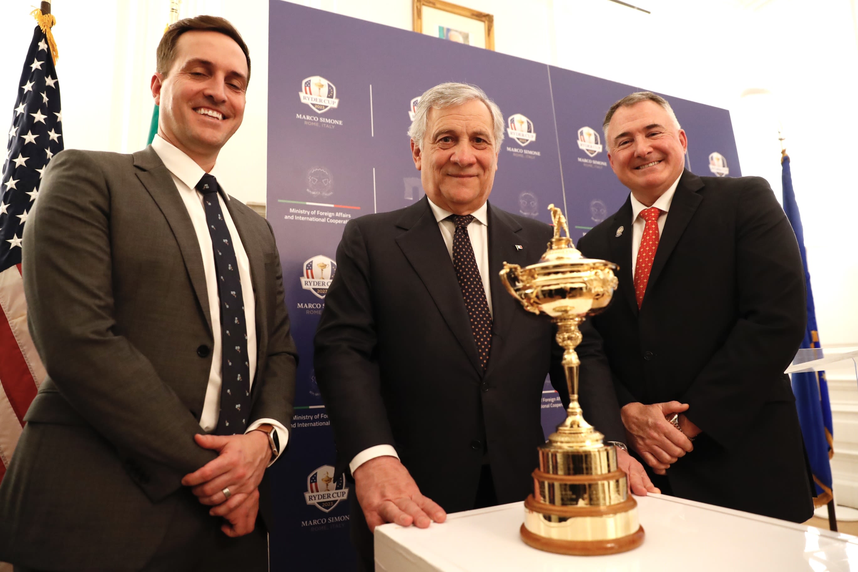 Bryan Karns, the 2025 Ryder Cup Director, Deputy Prime Minister Tajani and Rea pose with the Ryder Cup.