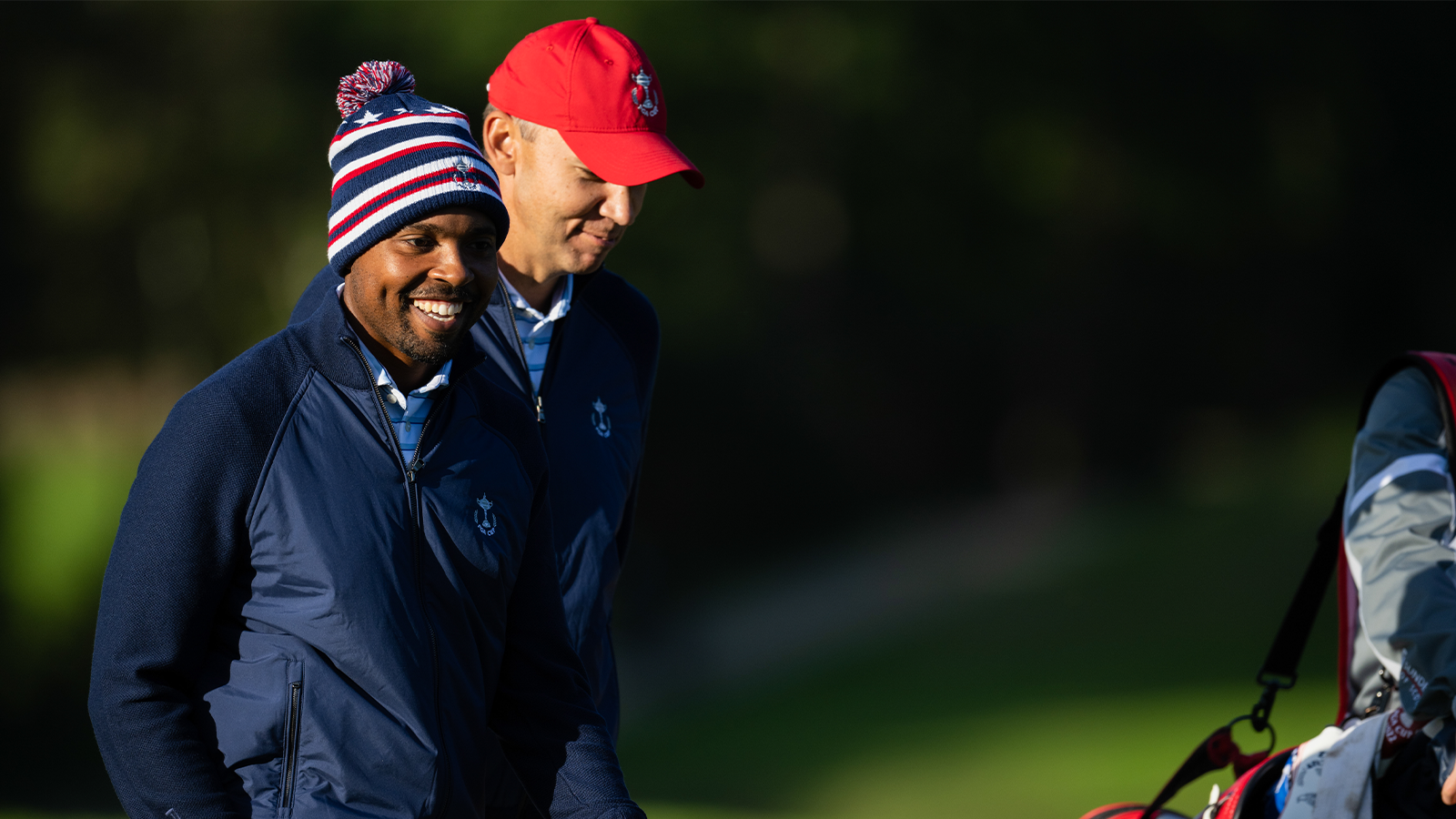 Wyatt Worthington II of the United States and Jared Jones of the United States during afternoon foursome matches for the 30th PGA Cup at Foxhills Golf Club on September 16, 2022 in Ottershaw, England. (Photo by Matthew Harris/PGA of America)