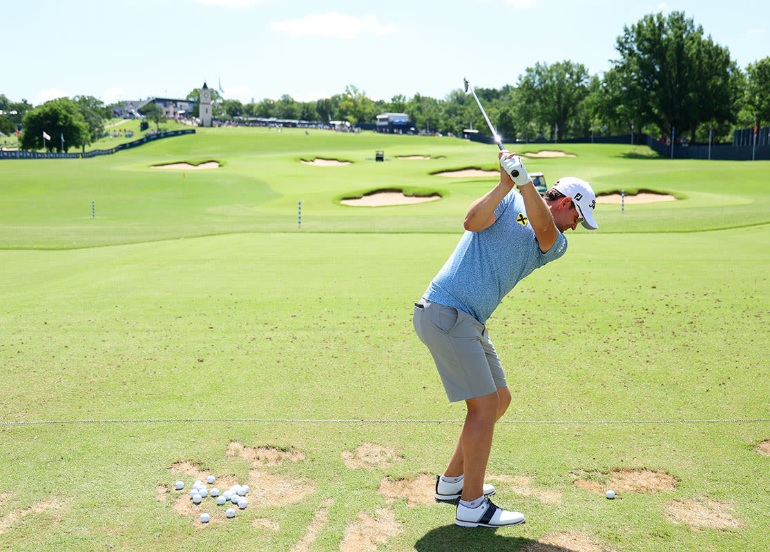 Bernd Wiesberger plays on the practice range during a practice round prior to the start of the 2022 PGA Championship.