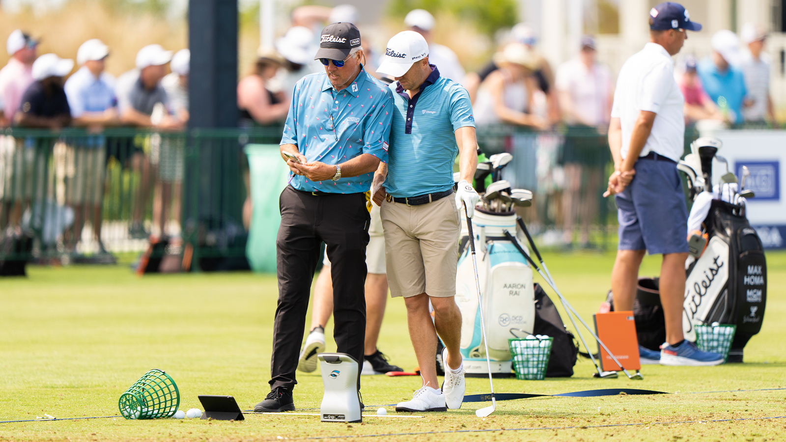 Justin Thomas and his father, Mike Thomas, PGA, on the driving range during a practice round for the 2021 PGA Championship held at the Ocean Course on May 17, 2021 in Kiawah Island, South Carolina. (Photo by Darren Carroll/PGA of America)