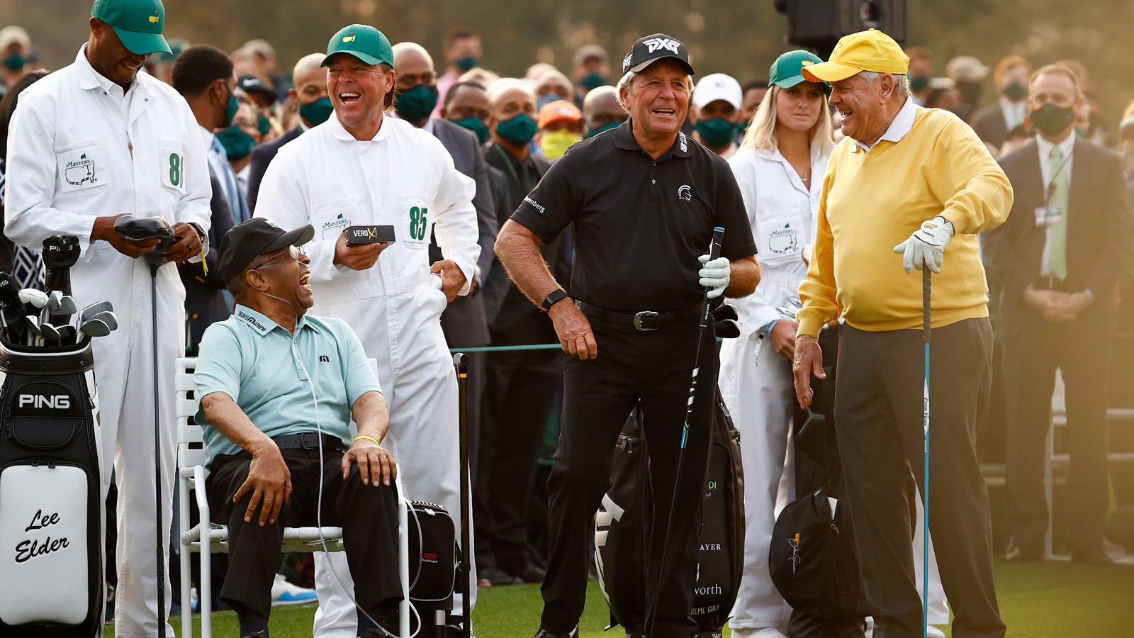 Honorary Starters Lee Elders, Gary Player and Jack Nicklaus laugh on the first tee during the opening ceremony prior to the start of the first round of the Masters at Augusta National Golf Club on April 8, 2021. 