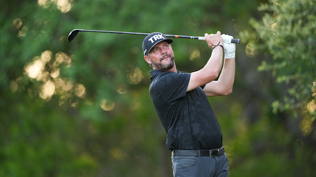 Michael Block, PGA, hits his shot from the eighth tee during the second round of the 54th PGA Professional Championship at the Omni Barton Creek Resort & Spa on April 18, 2022 in Austin, Texas. (Photo by Darren Carroll/PGA of America)