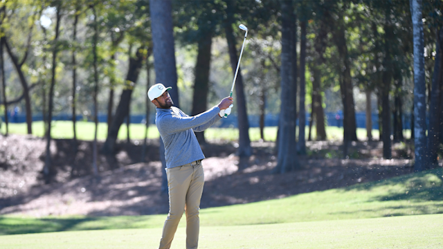 Tony Finau of the United States plays a shot on the fifth hole during the final round of the Cadence Bank Houston Open at Memorial Park Golf Course on November 13, 2022 in Houston, Texas. (Photo by Logan Riely/Getty Images)