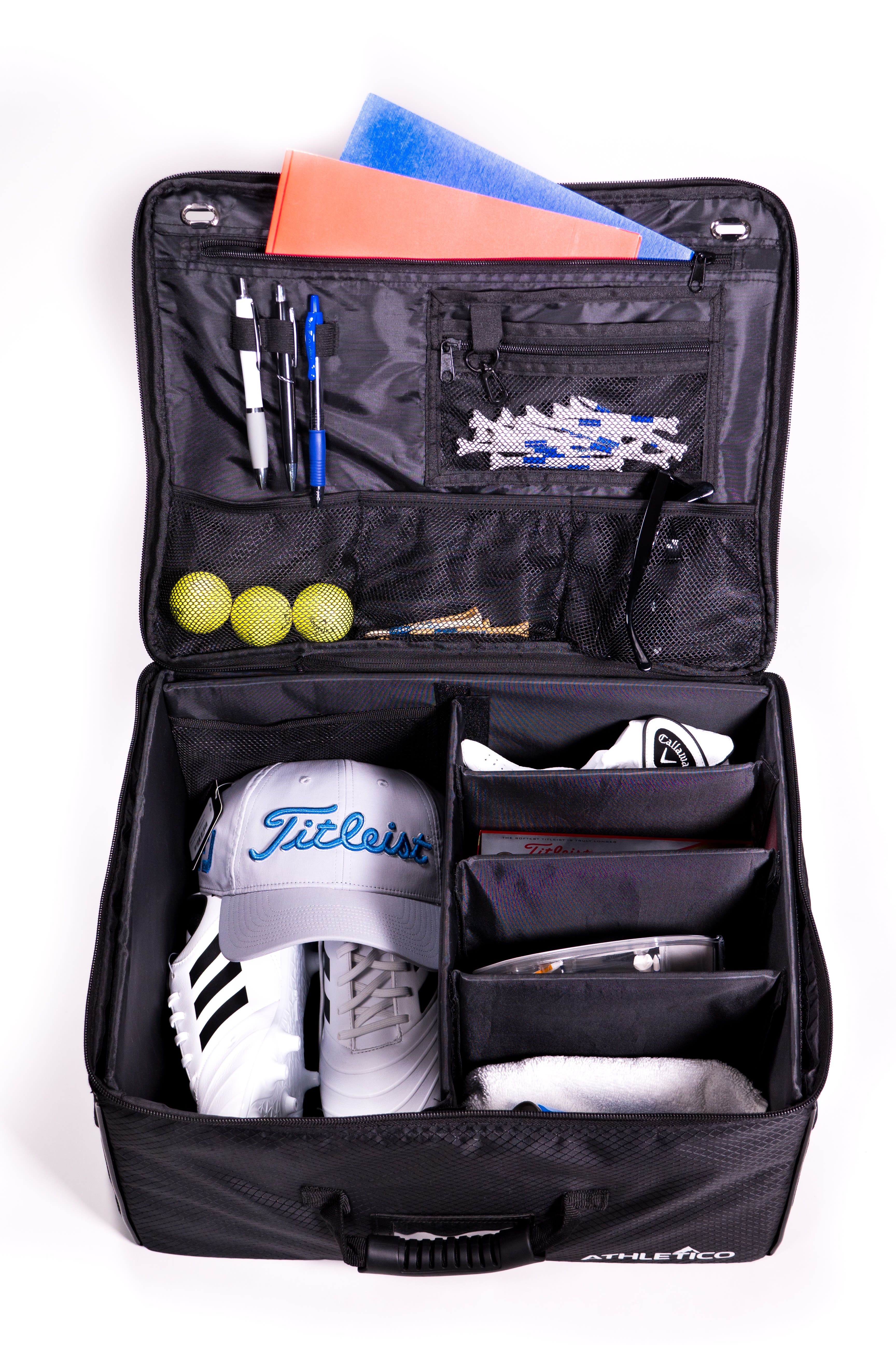 Multiple compartments within the Golf Organizer can hold shoes, balls, tees, hats and more.