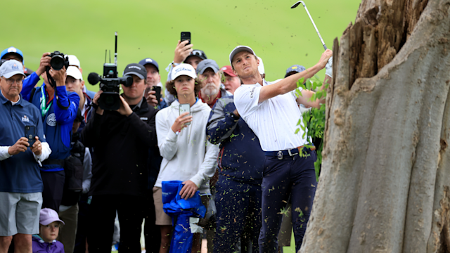 Will Zalatoris  plays his second shot on the 16th hole during the third round of the 2022 PGA Championship.(Photo by David Cannon/Getty Images)