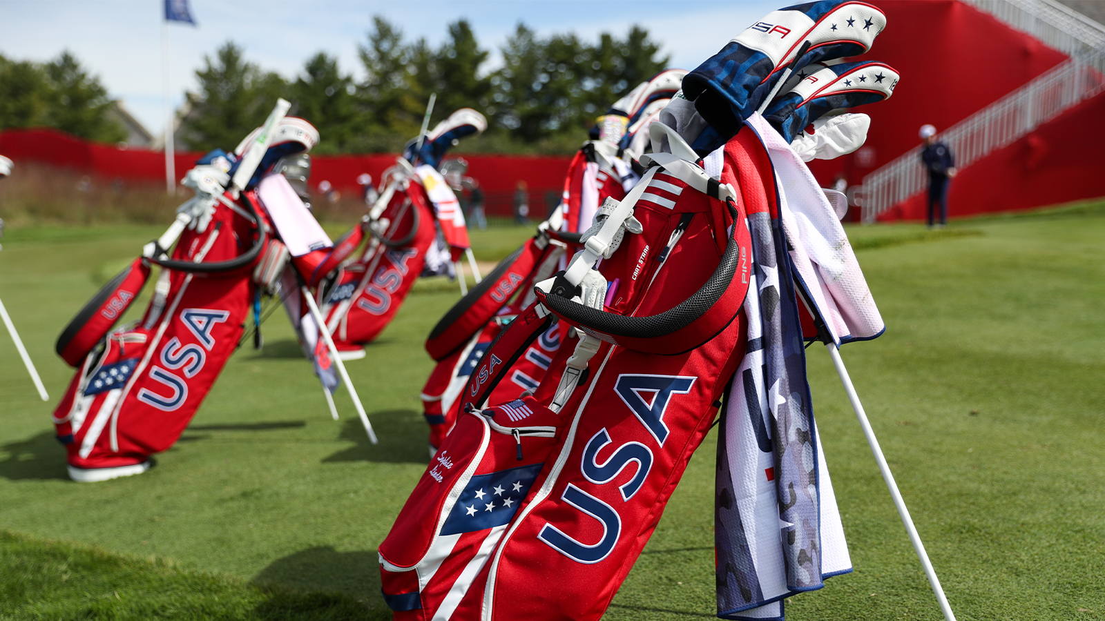 The United States Junior Ryder Cup team golf bags during the Junior Ryder Cup Exhibition Match for the 2020 Ryder Cup at Whistling Straits on September 22, 2021 in Kohler, WI. (Photo by Maddie Meyer/PGA of America)