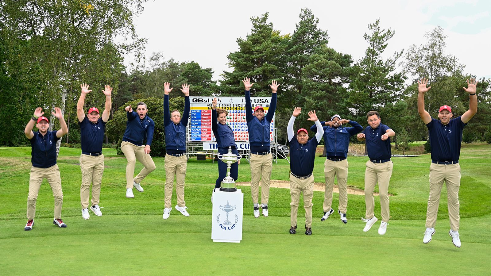  Larkin Gross of the United States, Frank Bensel Jr. of the United States, Alex Beach of the United States, Ryan Vermeer of the United States, Captain and PGA of America Honorary President, Suzy Whaley, Jesse Mueller of the United States, Omar Uresti of the United States, Wyatt Worthington II of the United States, Ben Polland of the United States, Jared Jones of the United States after winning the 30th PGA Cup at Foxhills Golf Club on September 18, 2022 in Ottershaw, England. (Photo by Matthew Harris/PGA of America)