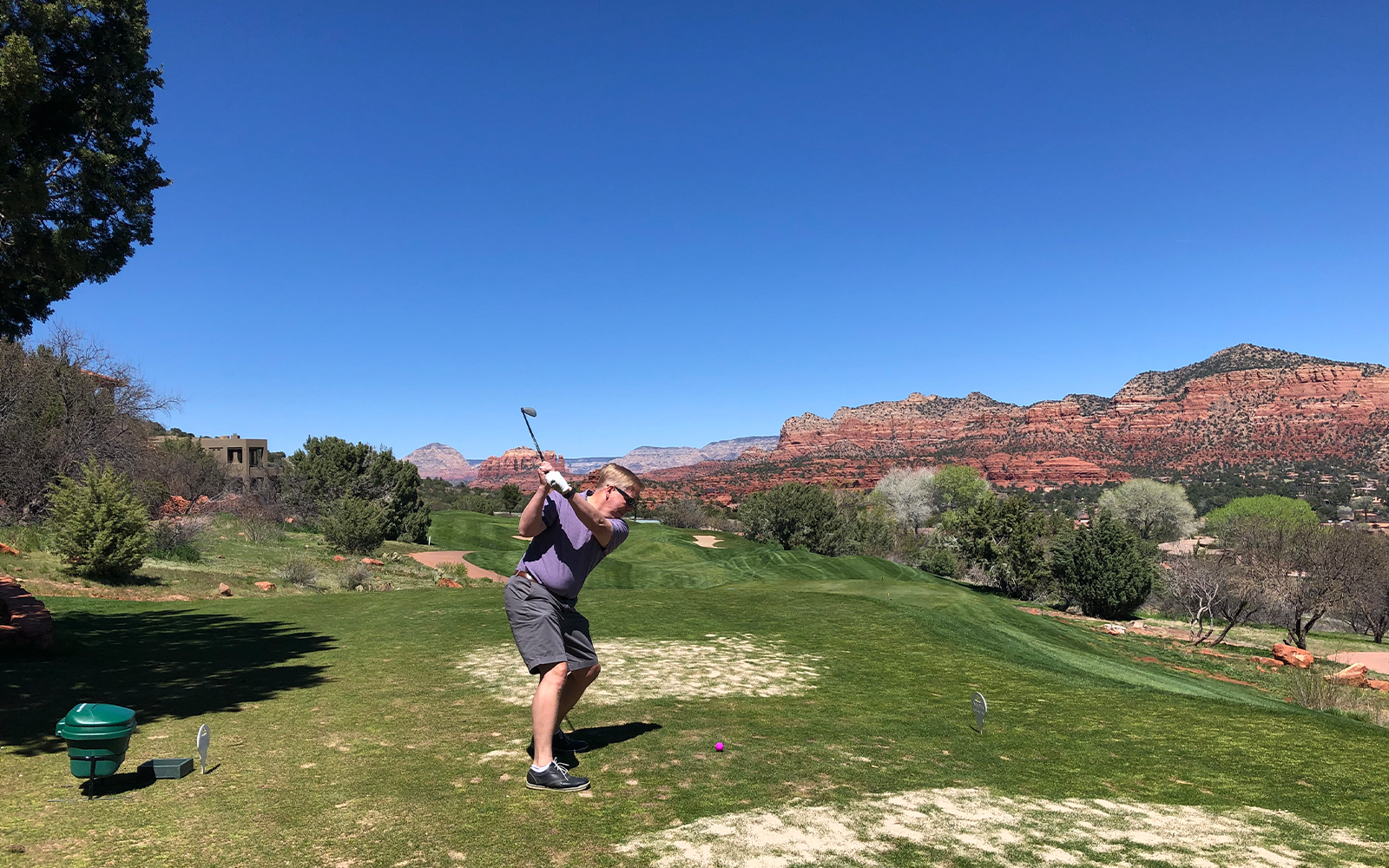 Dave Blakelock plays his purple ball on the 3rd hole in memory of someone who as affected by Alzheimer's during his quest to play 100 courses in 100 days. 