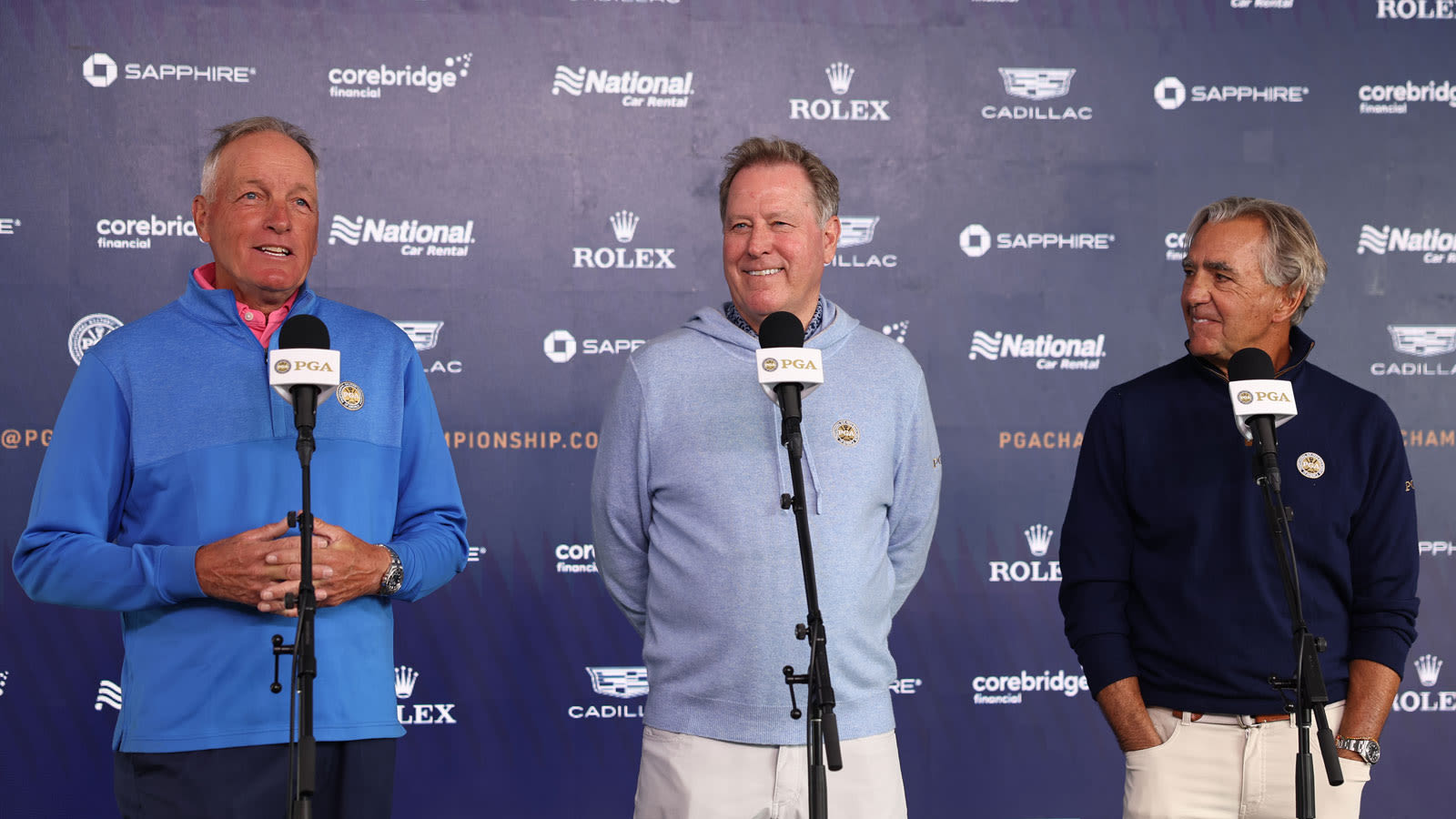 PGA of America Chief Championships Officer, Kerry Haigh, speaks with PGA of America President, John Lindert, PGA, and PGA of America CEO, Seth Waugh during a press conference before the PGA Championship at Oak Hill Country Club.