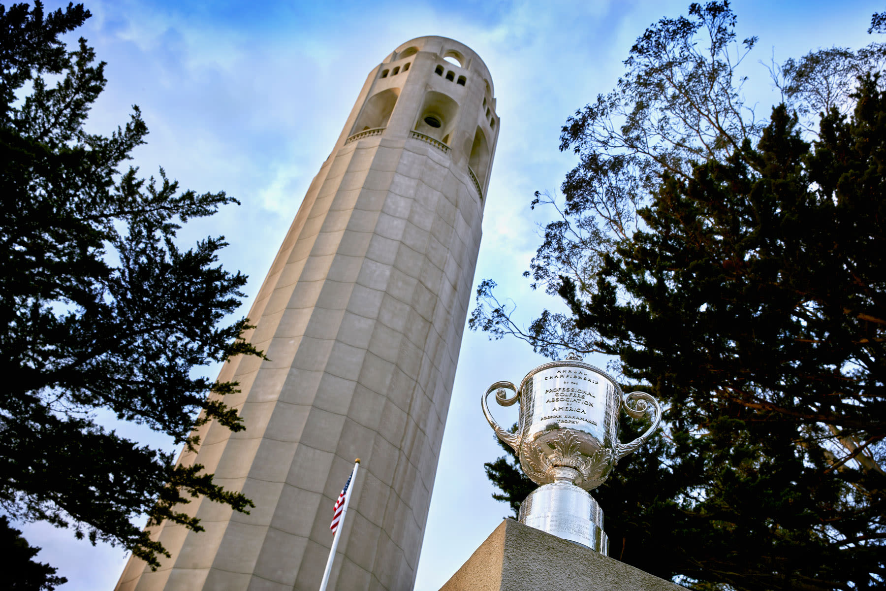 The Wanamaker Trophy in front of Coit Tower. The San Francisco landmark is 210-feet tall and provides some of the best views of the city.