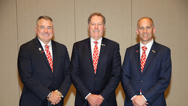 The newly elected PGA of America Vice President Don Rea Jr., 43rd PGA of America President John Lindert, and new PGA of America Secretary Nathan Charnes pose for a photo during the 106th PGA Annual Meeting at JW Marriott Phoenix Desert Ridge Resort & Spa on Thursday, November 3, 2022 in Phoenix, Arizona. (Photo by Sam Greenwood/PGA of America)
