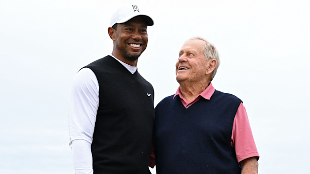 Tiger Woods and Jack Nicklaus on the 18th bridge during the Celebration of Champions Challenge during a practice round prior to The 150th Open at St Andrews Old Course in Scotland.