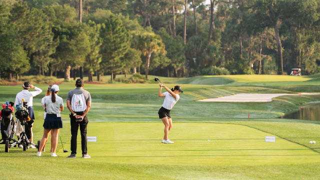 Missouri University, Jess Yuen hits her tee shot on the first hole during the first round of the 2021 PGA WORKS Collegiate Championship held at TPC Sawgrass on May 3, 2021 in Ponte Vedra Beach, Florida. (Photo by Montana Pritchard/PGA of America)