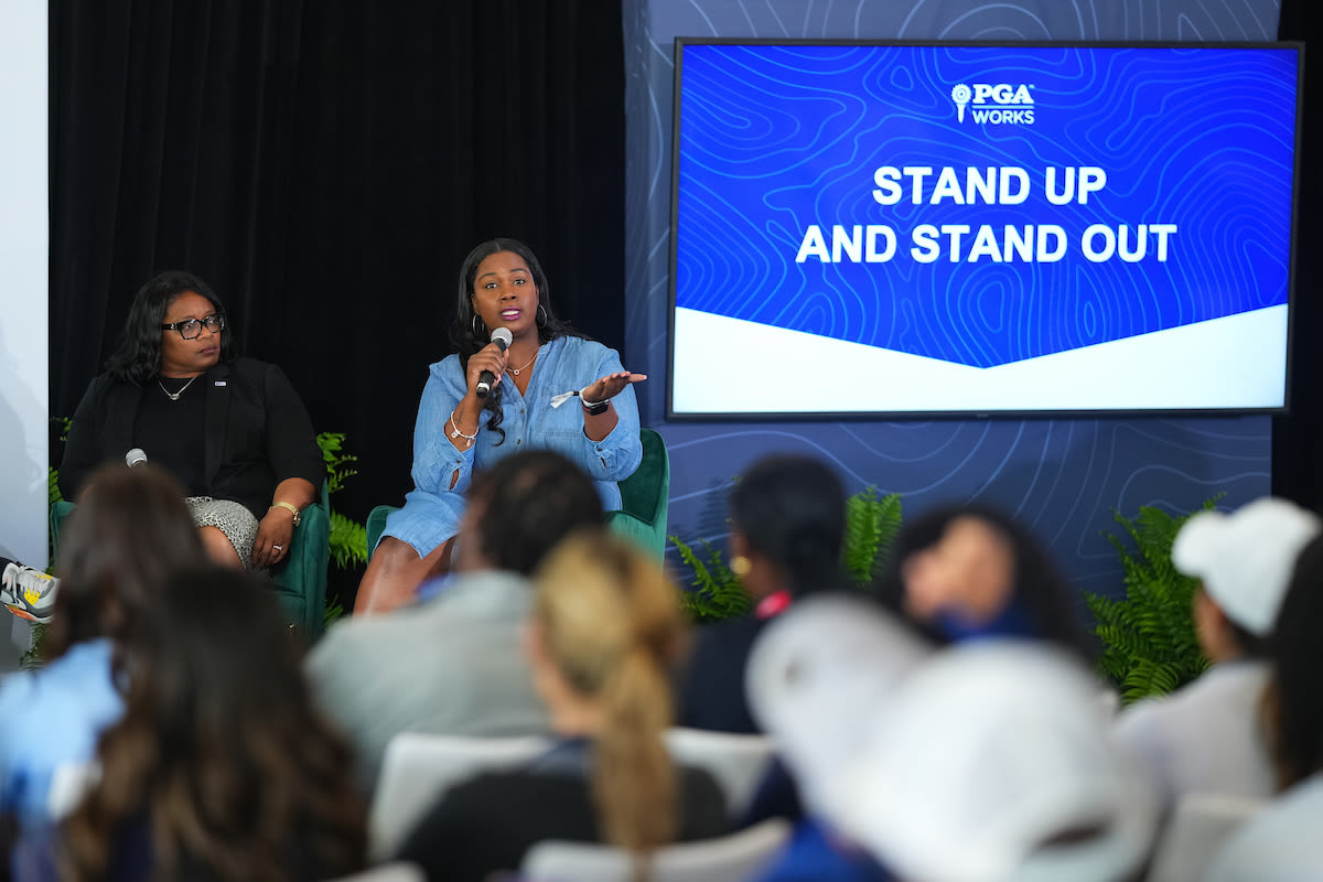 Kendra Brim speaks during the Beyond the Green programming before the PGA Championship at Oak Hill Country Club on Tuesday, May 16, 2023 in Rochester, New York. (Photo by Darren Carroll/PGA of America)